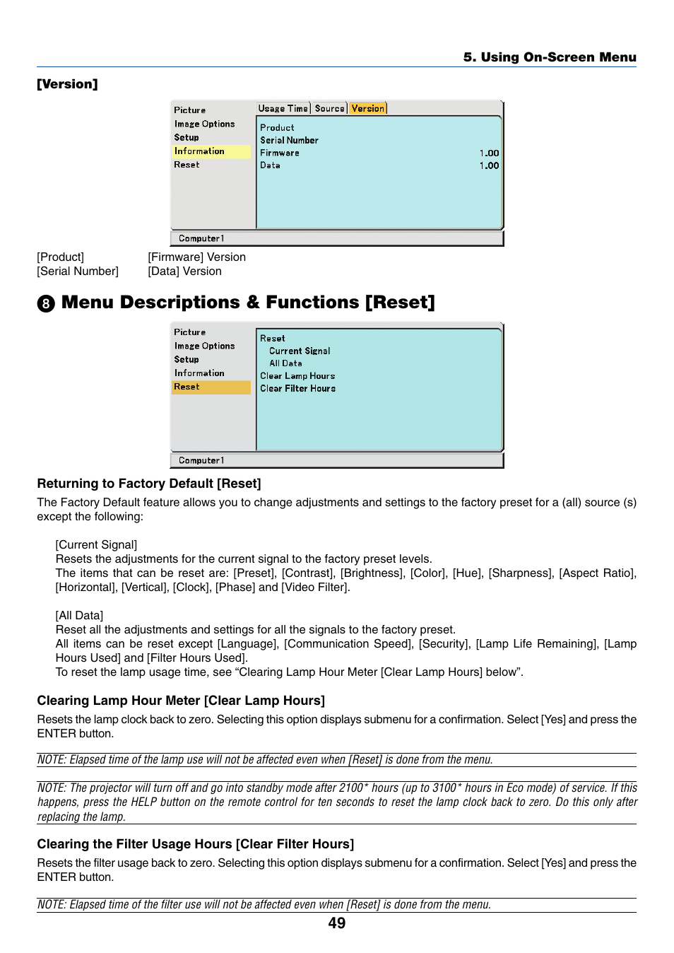 Version, 8) menu descriptions & functions [reset, ᕨ menu descriptions & functions [reset | Dukane 8777 User Manual | Page 57 / 76