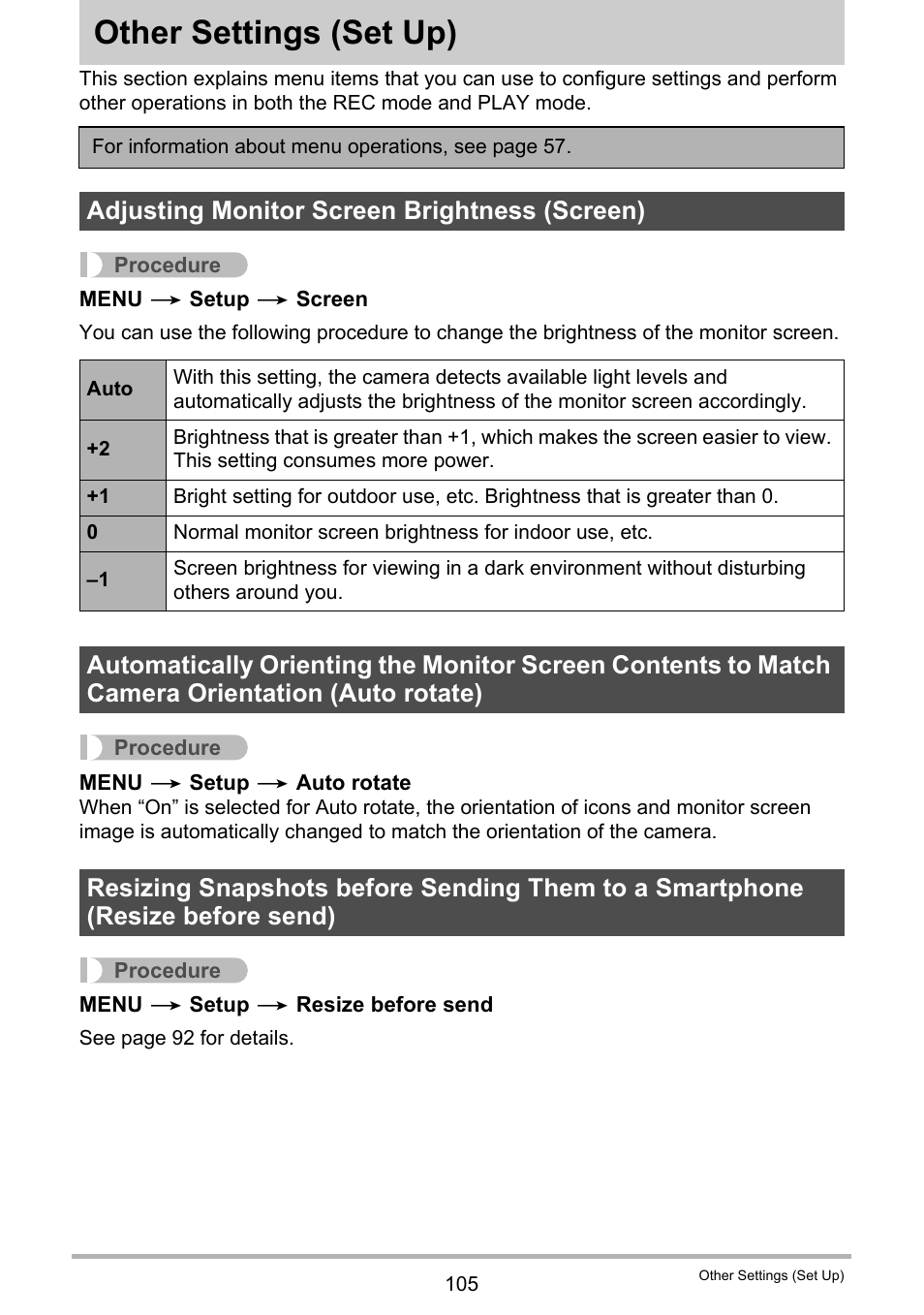 Other settings (set up), Adjusting monitor screen brightness (screen), Other settings | Set up) 105 | Casio EX-TR35 User Manual | Page 105 / 142