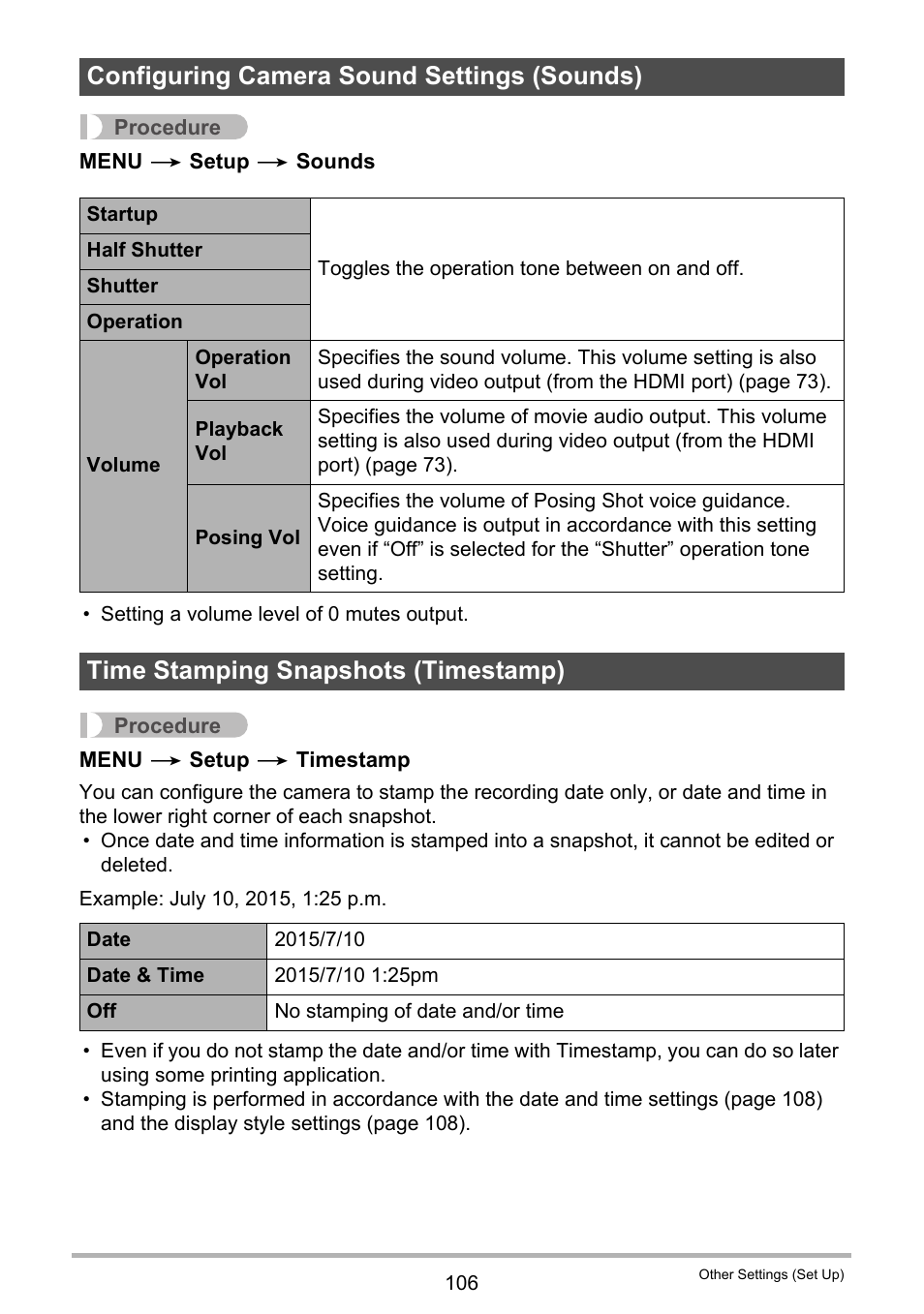 Configuring camera sound settings (sounds), Time stamping snapshots (timestamp) | Casio EX-TR35 User Manual | Page 106 / 142