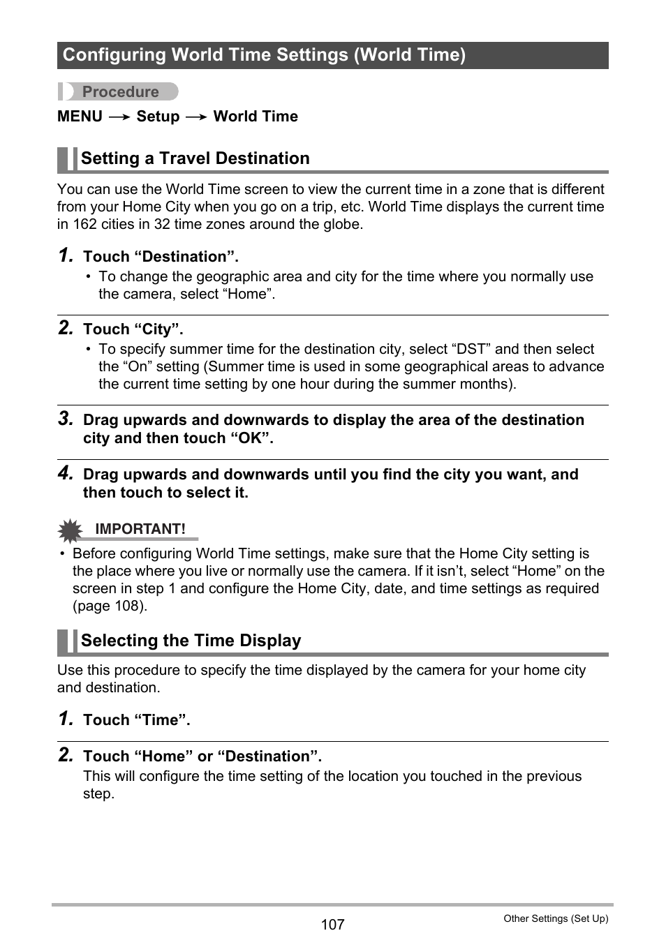 Configuring world time settings (world time), Setting a travel destination, Selecting the time display | Casio EX-TR35 User Manual | Page 107 / 142