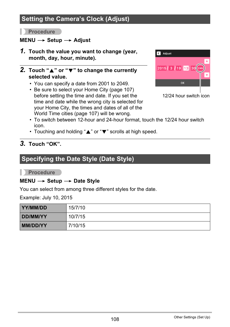 Setting the camera’s clock (adjust), Specifying the date style (date style), E 108) | Casio EX-TR35 User Manual | Page 108 / 142