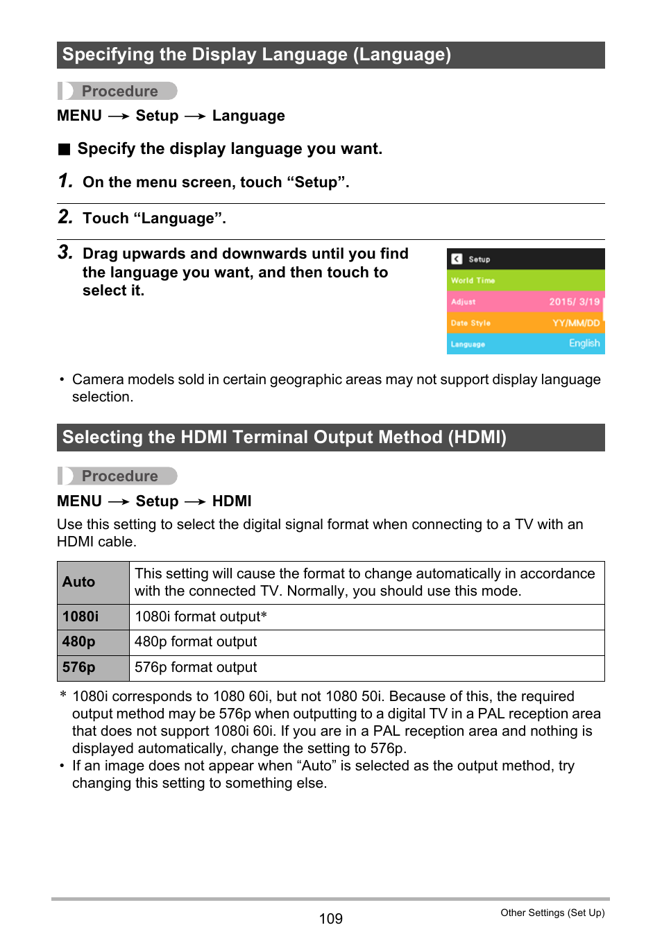 Specifying the display language (language), Selecting the hdmi terminal output method (hdmi), E 109). n | Casio EX-TR35 User Manual | Page 109 / 142