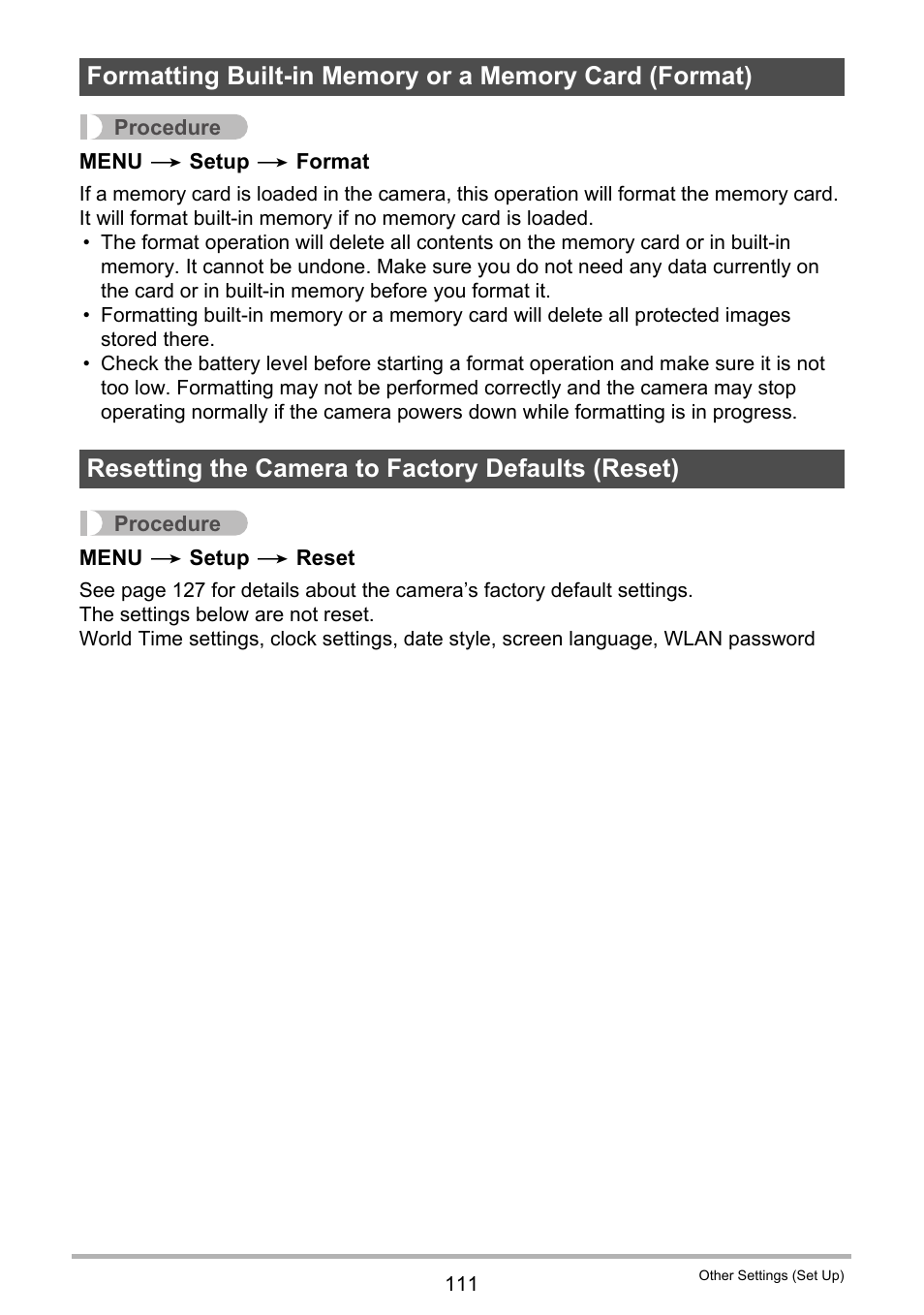 Resetting the camera to factory defaults (reset) | Casio EX-TR35 User Manual | Page 111 / 142