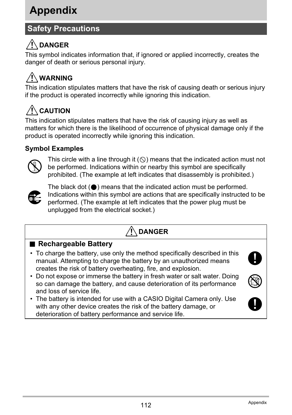 Appendix, Safety precautions | Casio EX-TR35 User Manual | Page 112 / 142