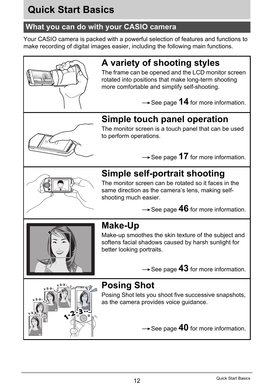 Quick start basics, What you can do with your casio camera, A variety of shooting styles | Simple touch panel operation, Simple self-portrait shooting, Make-up, Posing shot | Casio EX-TR35 User Manual | Page 12 / 142