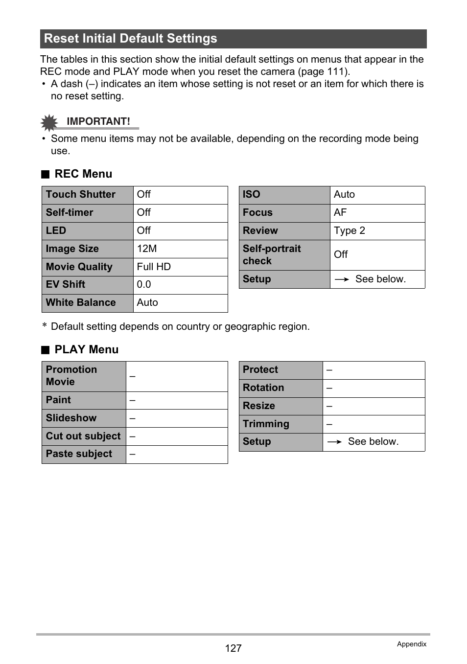 Reset initial default settings | Casio EX-TR35 User Manual | Page 127 / 142
