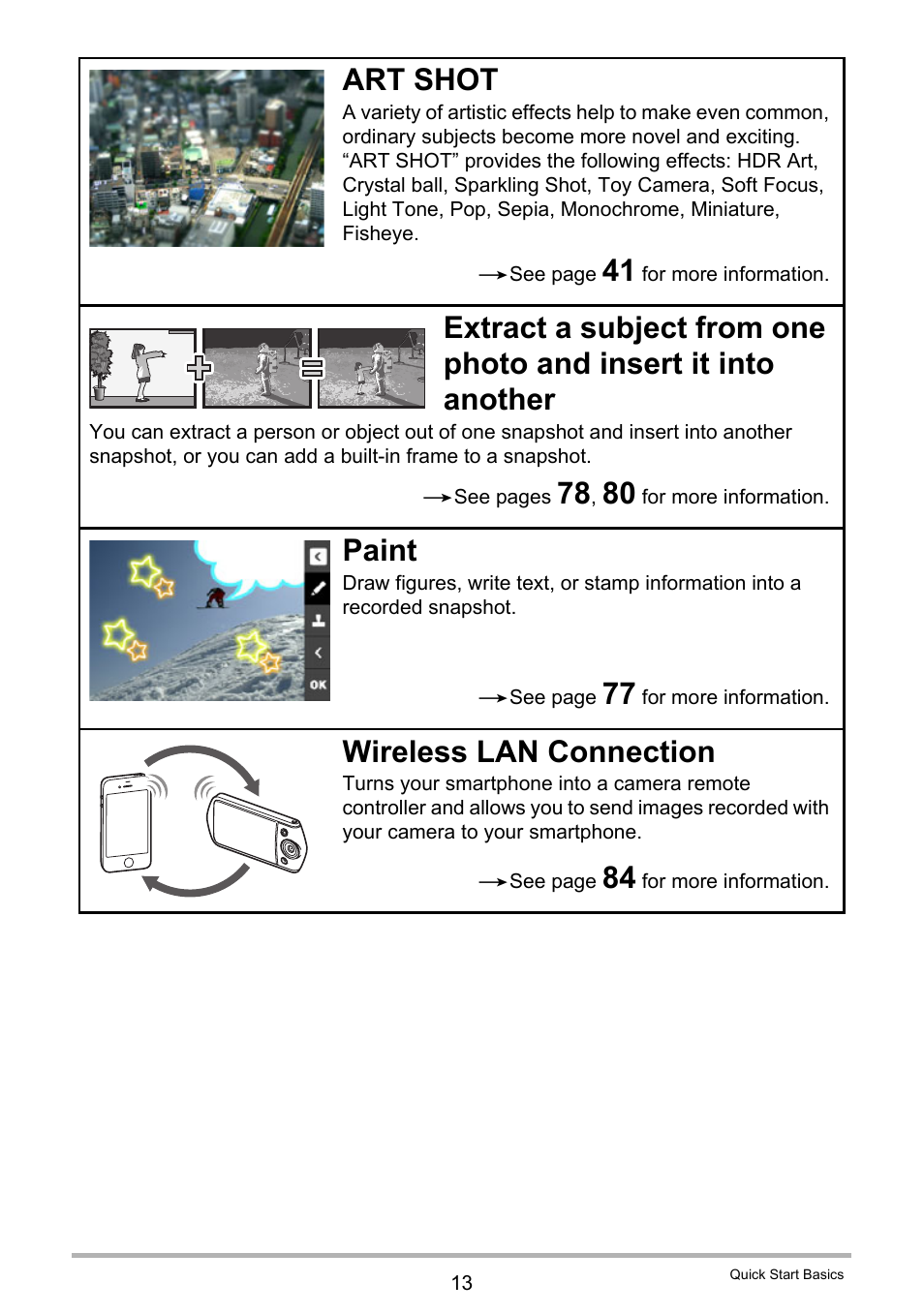 Art shot, Paint, Wireless lan connection | Casio EX-TR35 User Manual | Page 13 / 142
