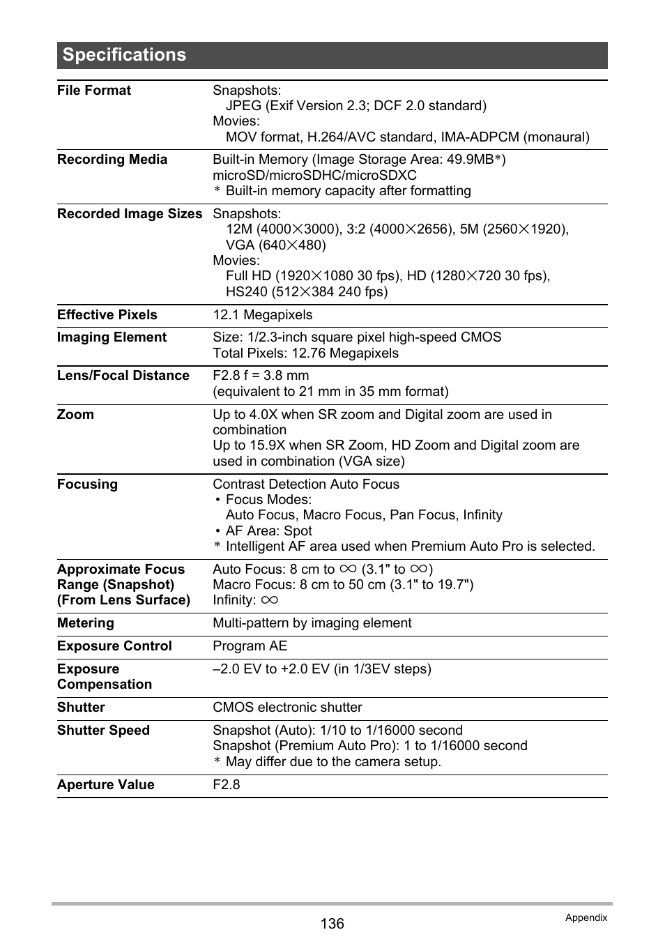 Specifications | Casio EX-TR35 User Manual | Page 136 / 142