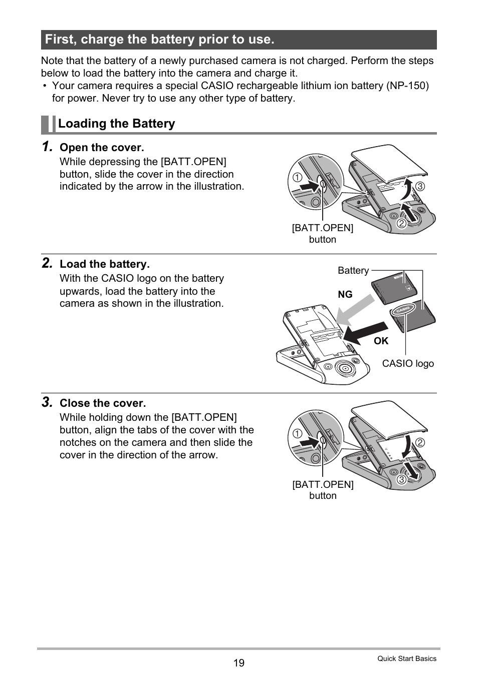 First, charge the battery prior to use, Loading the battery | Casio EX-TR35 User Manual | Page 19 / 142