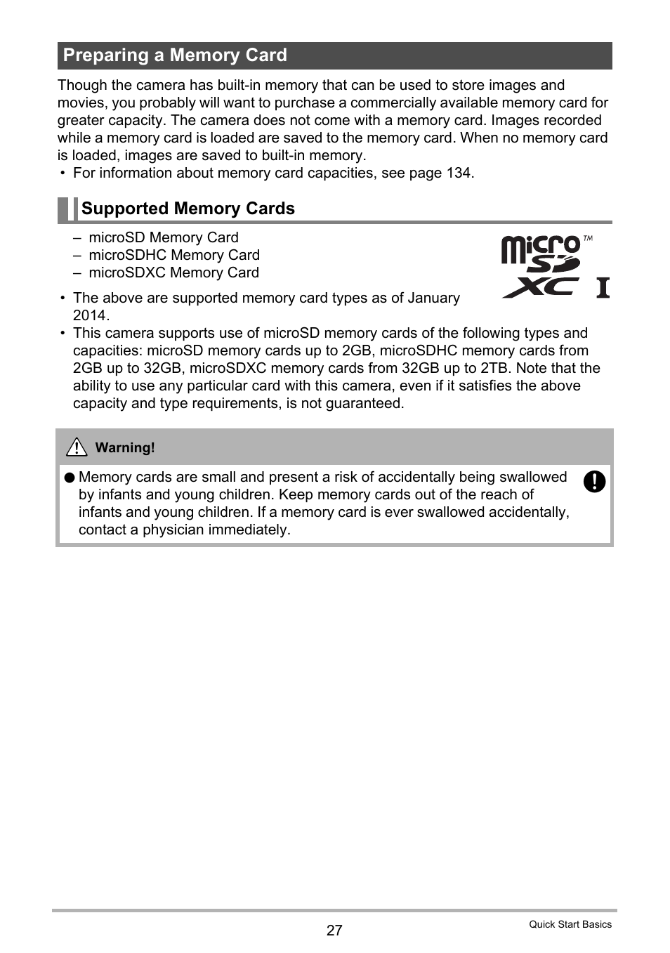 Preparing a memory card, Supported memory cards | Casio EX-TR35 User Manual | Page 27 / 142