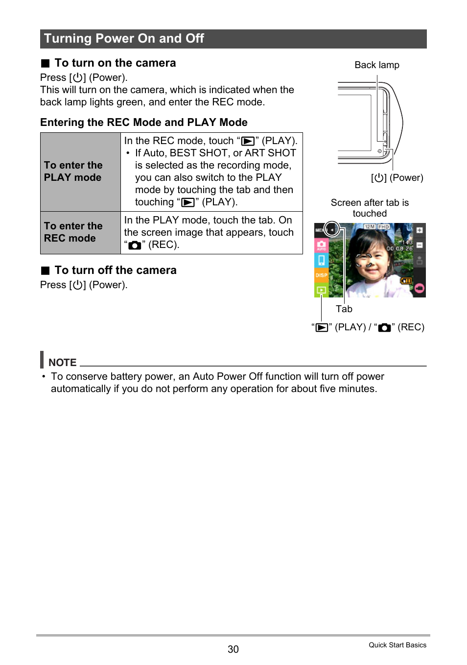 Turning power on and off | Casio EX-TR35 User Manual | Page 30 / 142