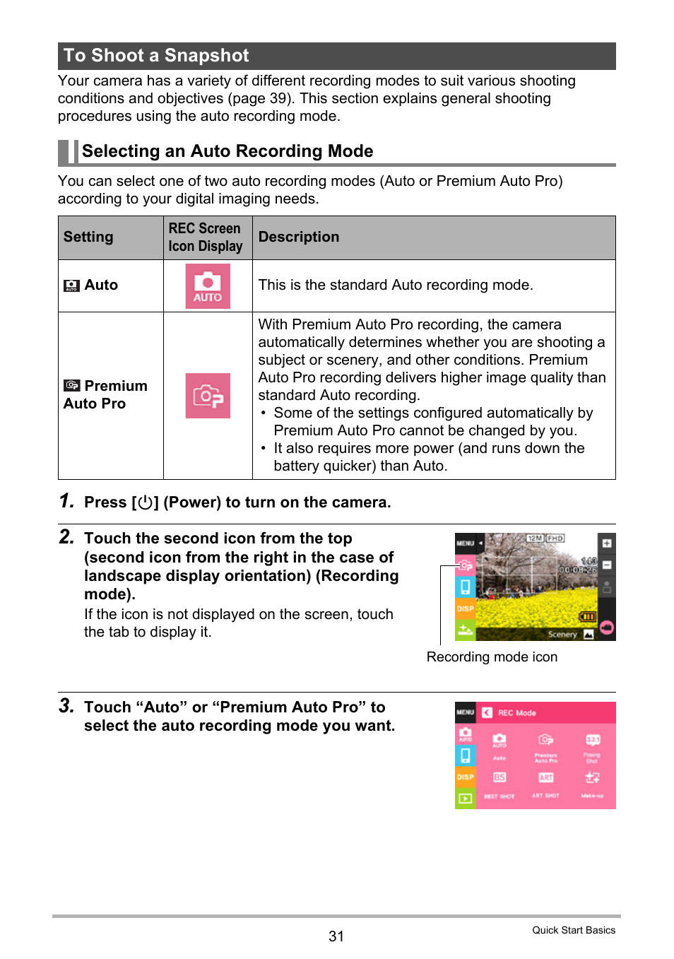 To shoot a snapshot, Selecting an auto recording mode | Casio EX-TR35 User Manual | Page 31 / 142