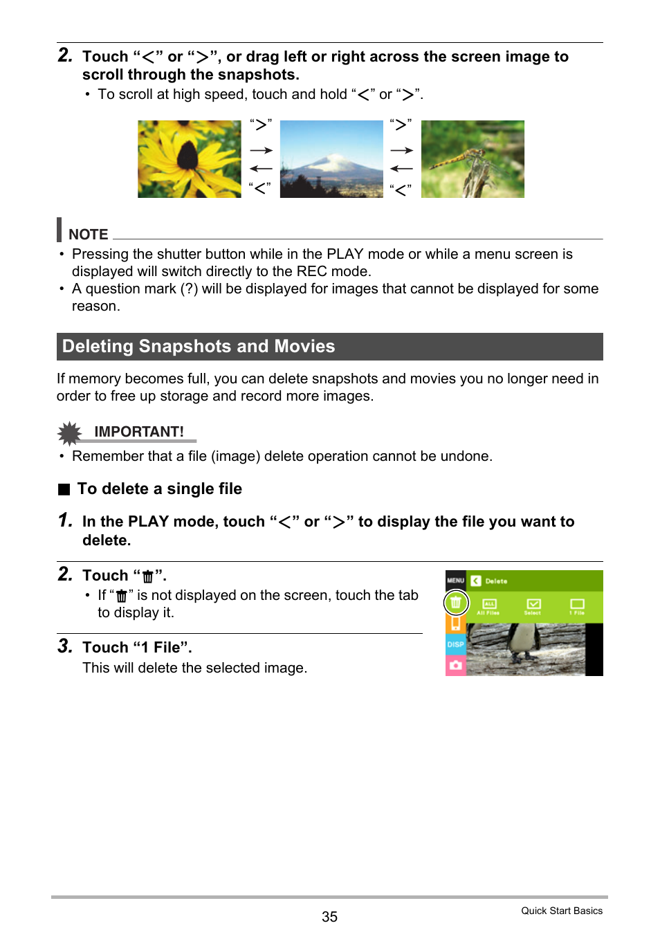 Deleting snapshots and movies | Casio EX-TR35 User Manual | Page 35 / 142