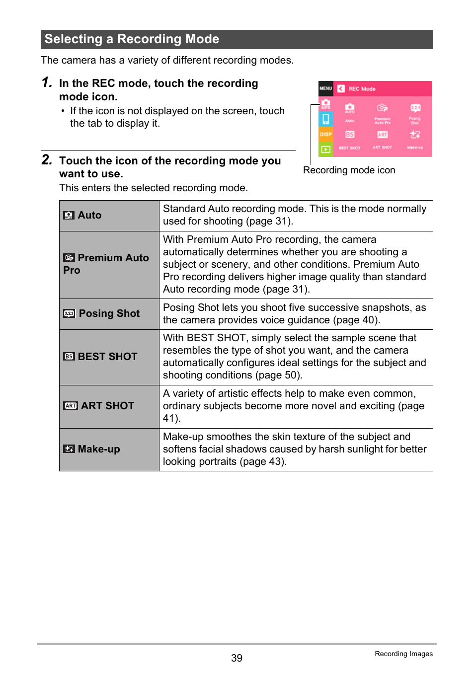 Selecting a recording mode | Casio EX-TR35 User Manual | Page 39 / 142