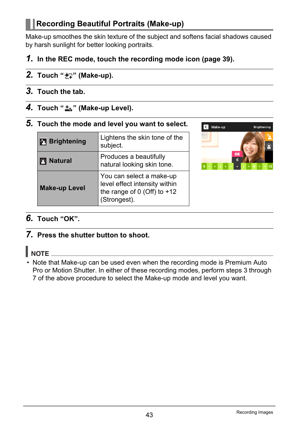 Recording beautiful portraits (make-up), Ge 43) | Casio EX-TR35 User Manual | Page 43 / 142