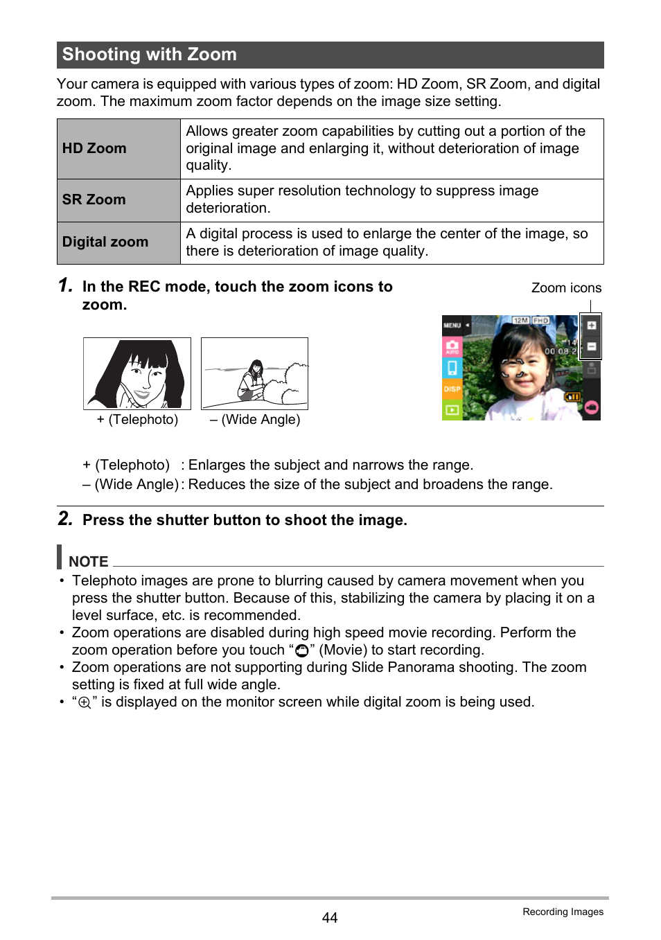 Shooting with zoom | Casio EX-TR35 User Manual | Page 44 / 142