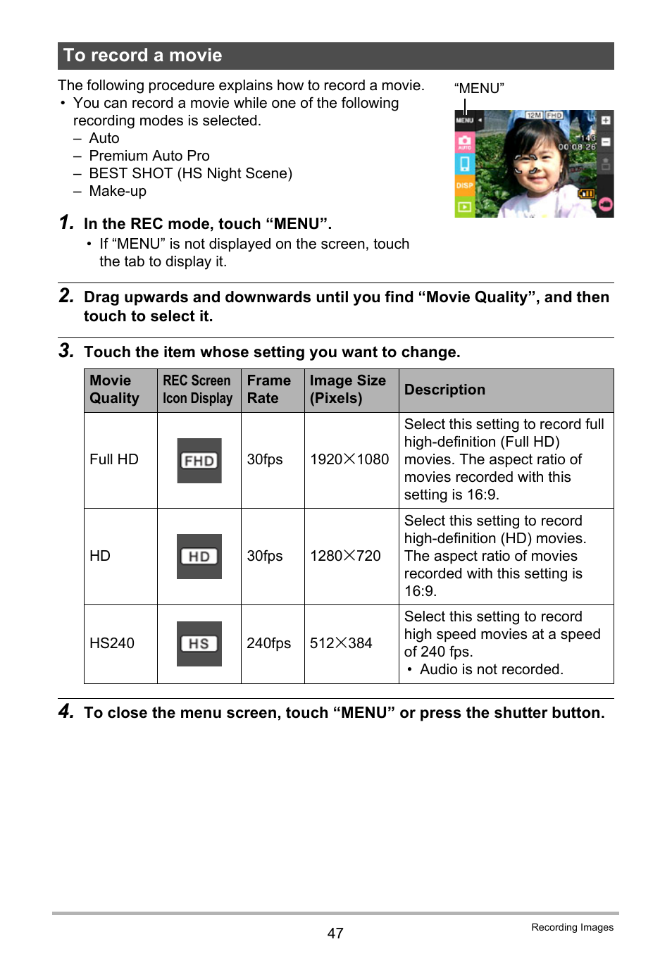 To record a movie | Casio EX-TR35 User Manual | Page 47 / 142