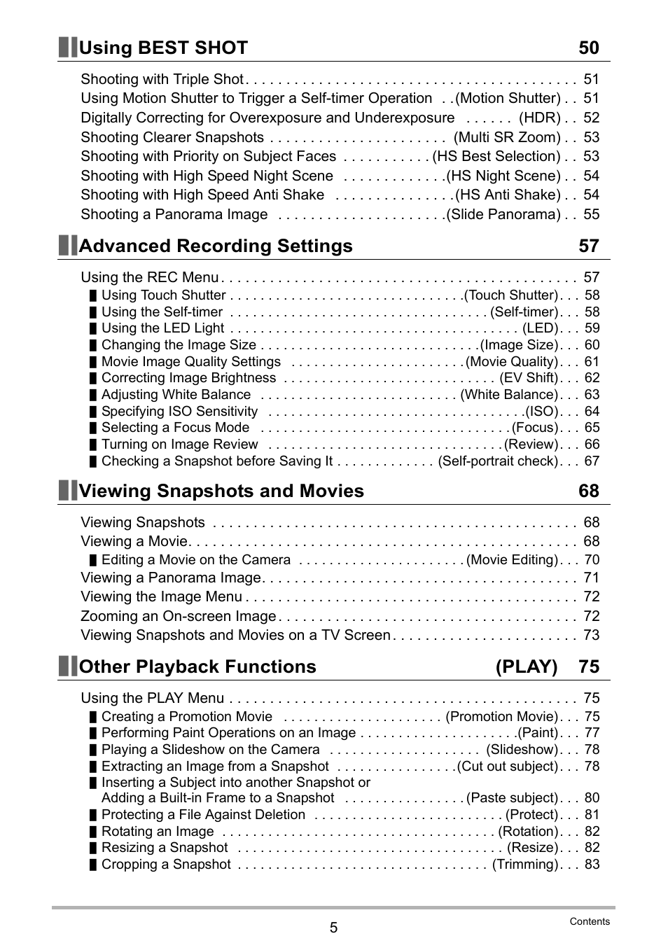 Using best shot 50, Advanced recording settings 57, Viewing snapshots and movies 68 | Other playback functions (play) 75 | Casio EX-TR35 User Manual | Page 5 / 142