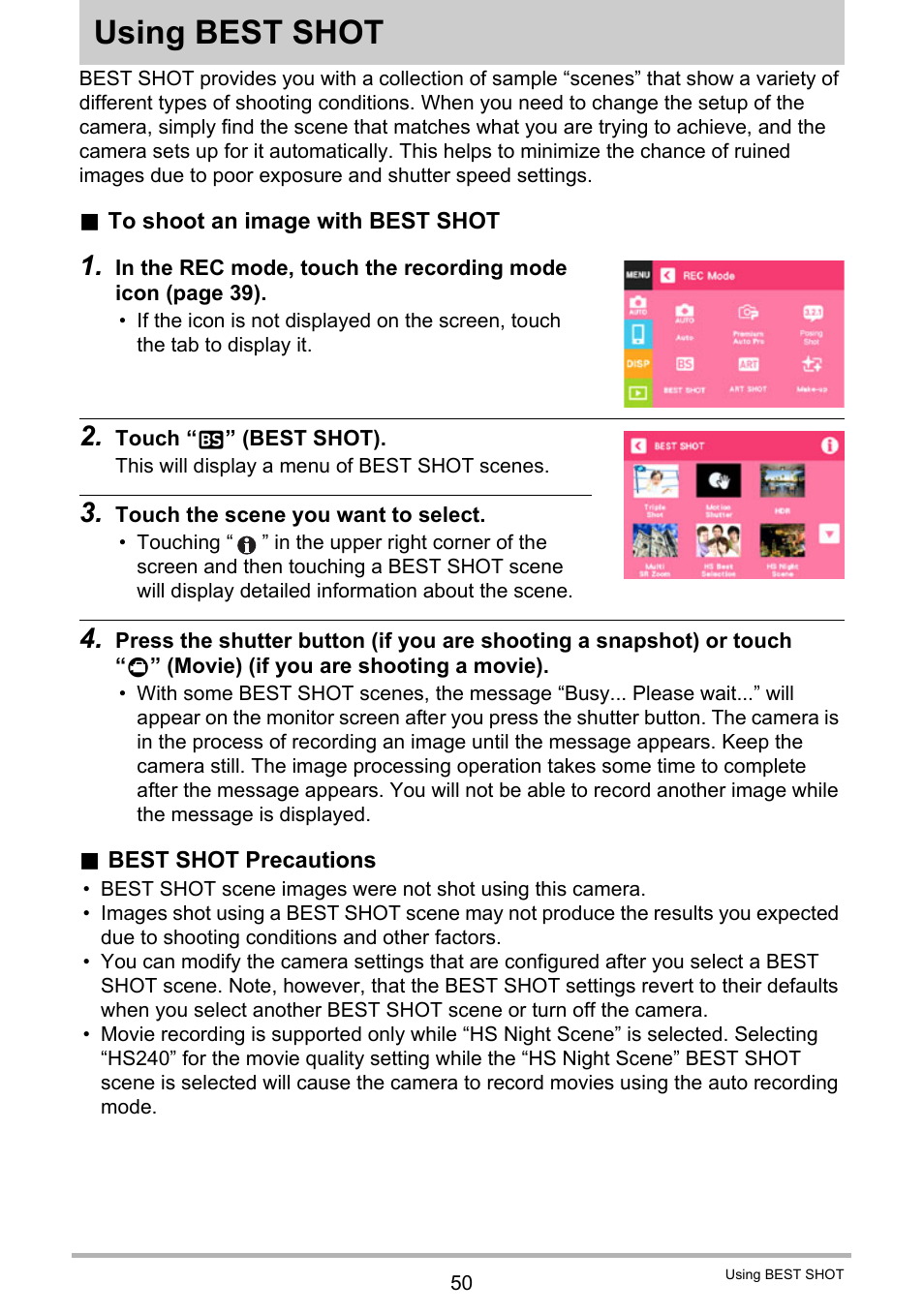 Using best shot | Casio EX-TR35 User Manual | Page 50 / 142