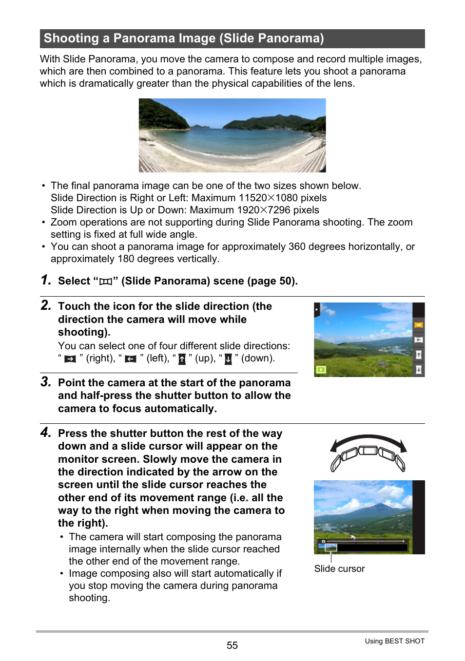 Shooting a panorama image (slide panorama) | Casio EX-TR35 User Manual | Page 55 / 142