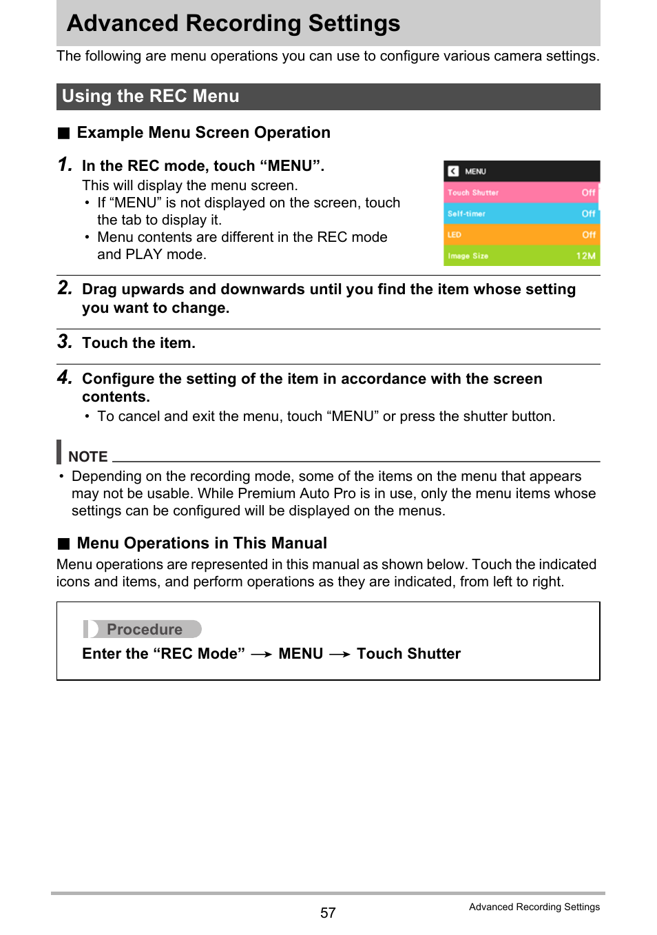 Advanced recording settings, Using the rec menu, Age 57) | Casio EX-TR35 User Manual | Page 57 / 142