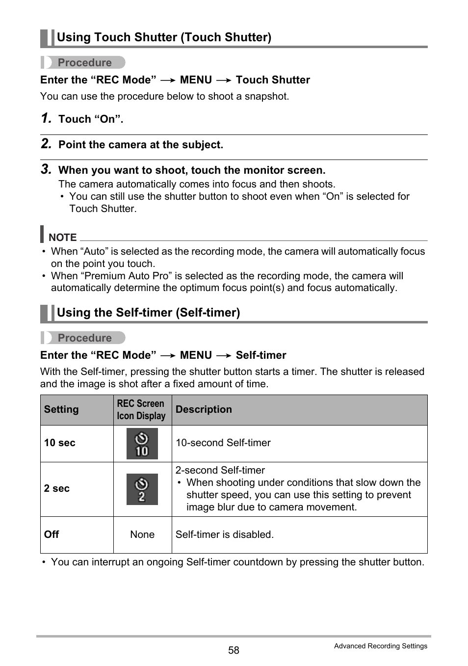 Using touch shutter (touch shutter), Using the self-timer (self-timer) | Casio EX-TR35 User Manual | Page 58 / 142