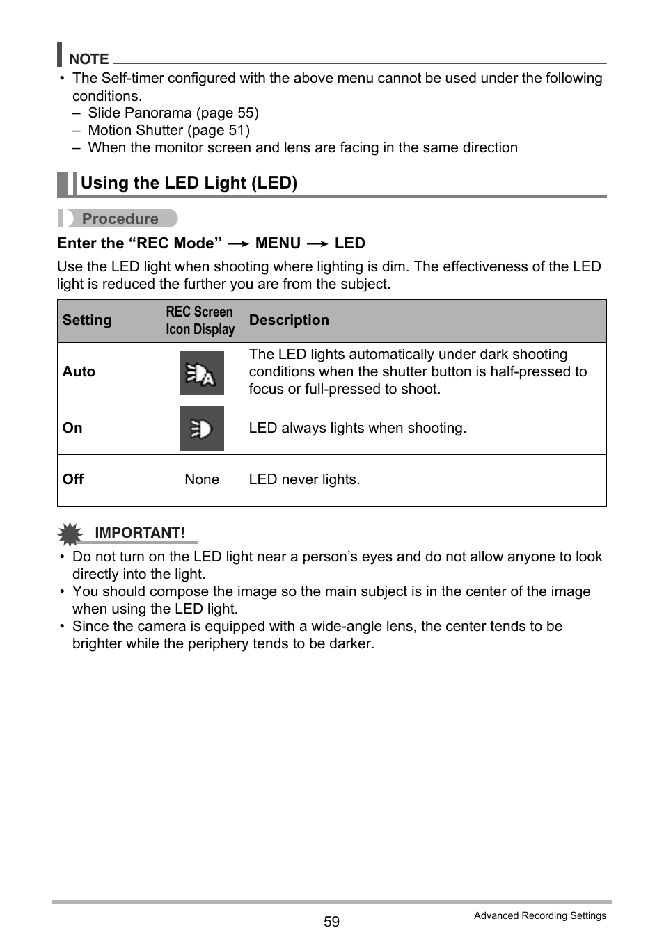 Using the led light (led) | Casio EX-TR35 User Manual | Page 59 / 142