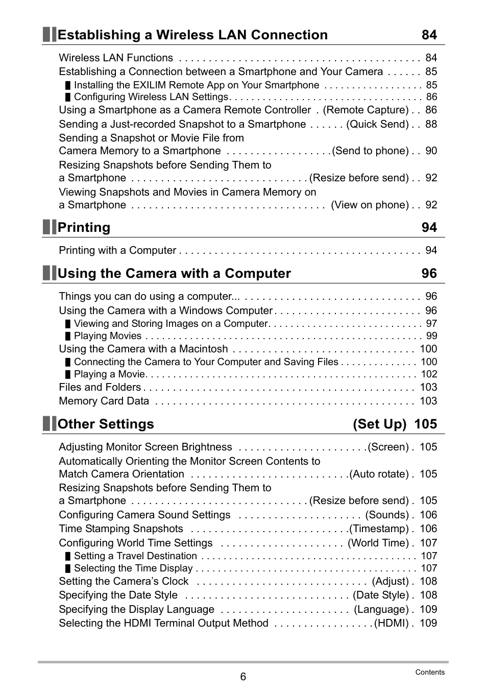 Establishing a wireless lan connection 84, Printing 94, Using the camera with a computer 96 | Other settings (set up) 105 | Casio EX-TR35 User Manual | Page 6 / 142