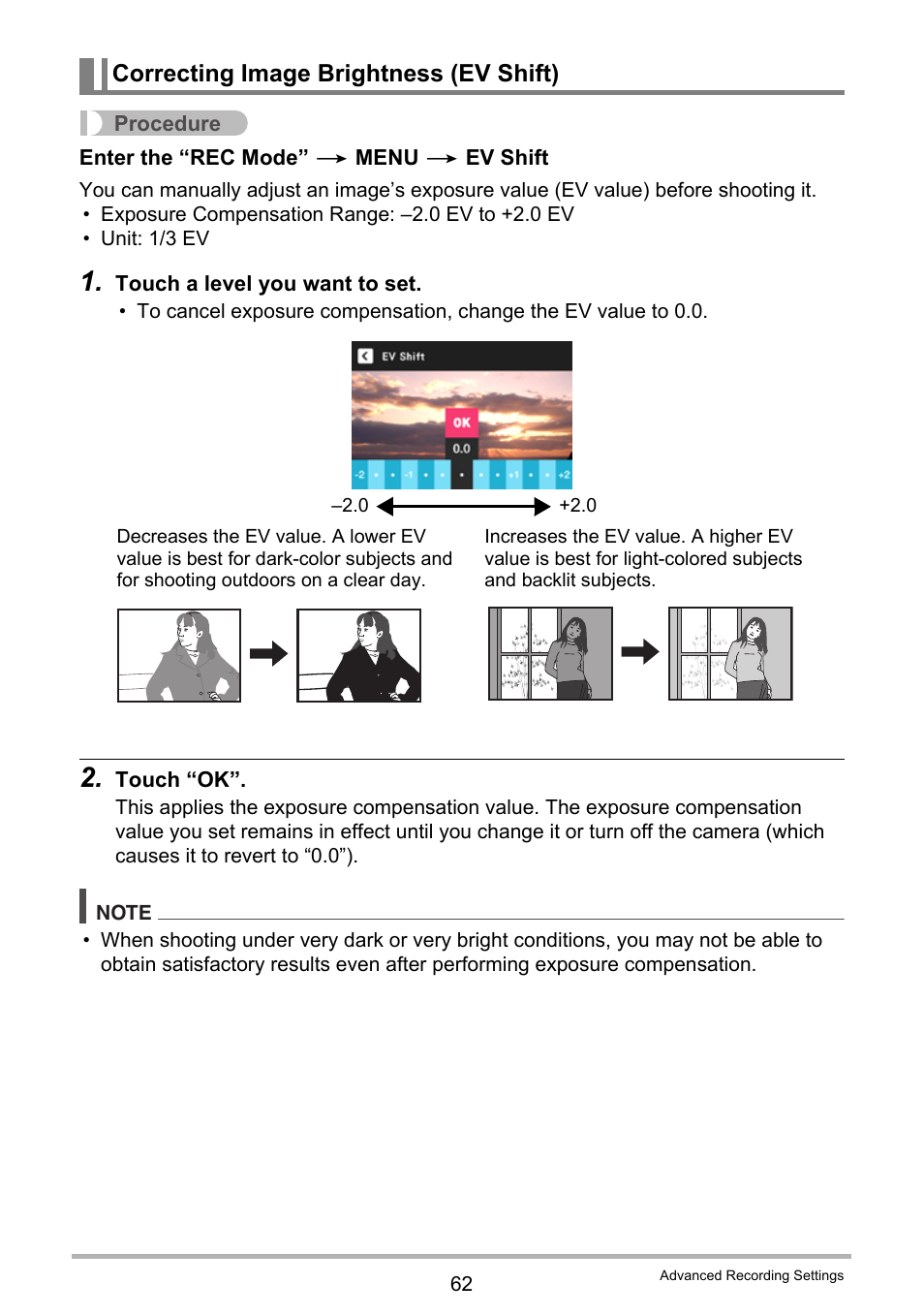 Correcting image brightness (ev shift) | Casio EX-TR35 User Manual | Page 62 / 142