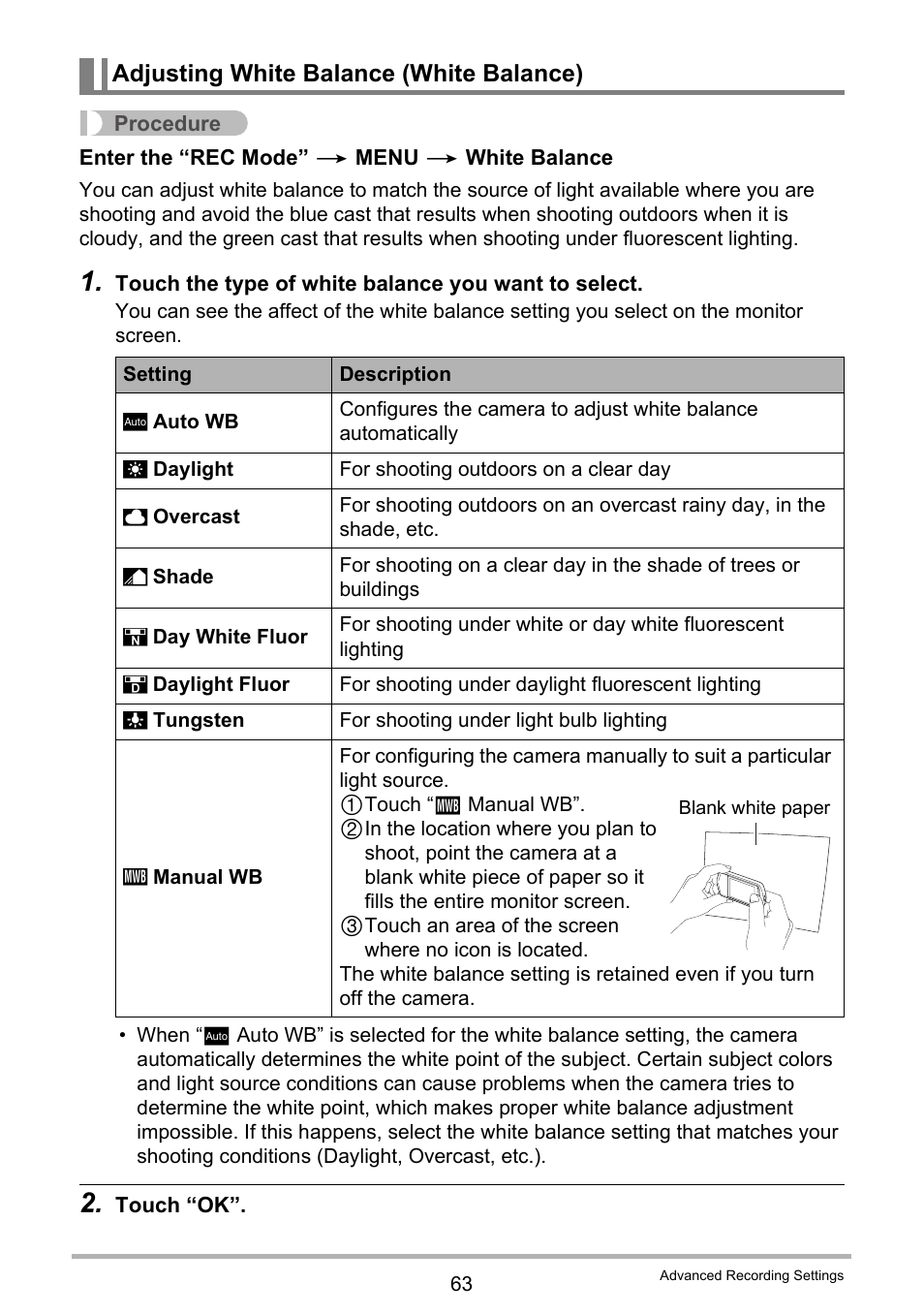 Adjusting white balance (white balance) | Casio EX-TR35 User Manual | Page 63 / 142