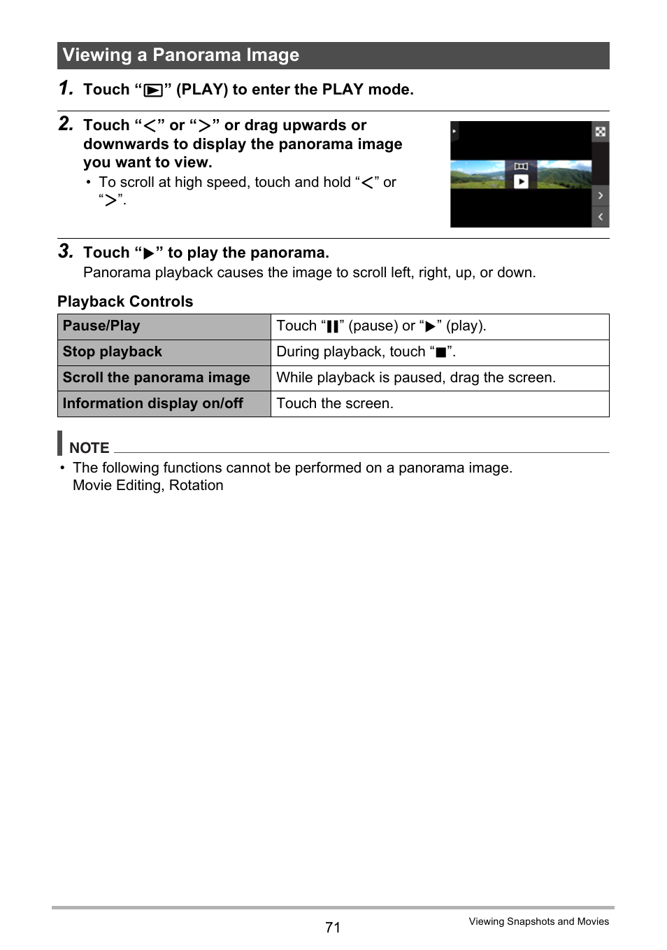 Viewing a panorama image | Casio EX-TR35 User Manual | Page 71 / 142
