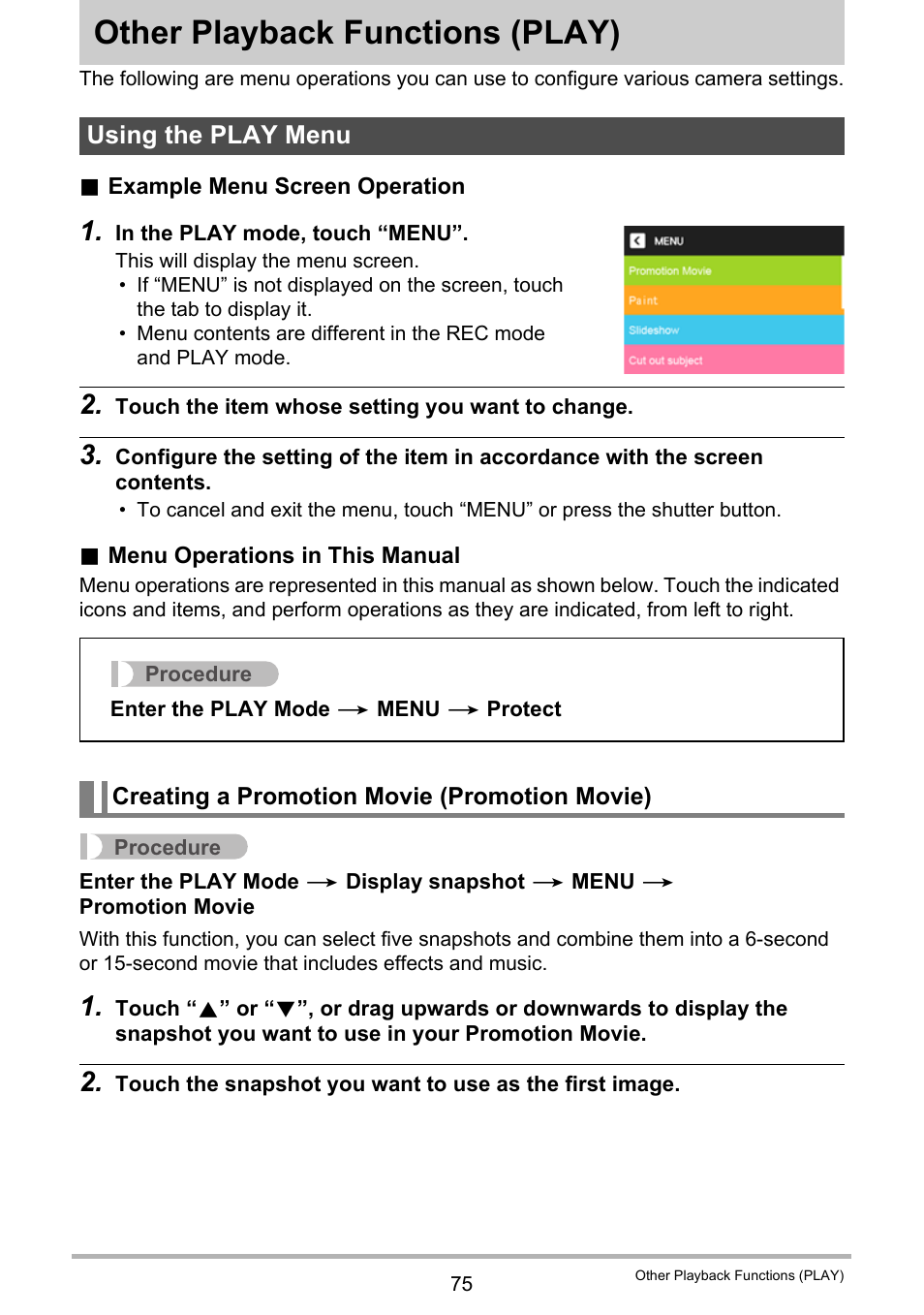 Other playback functions (play), Using the play menu, Creating a promotion movie (promotion movie) | Other playback functions, Play) 75 | Casio EX-TR35 User Manual | Page 75 / 142