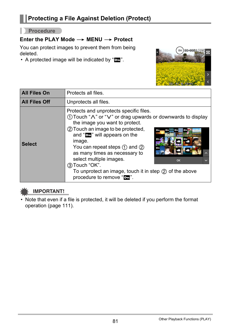 Protecting a file against deletion (protect) | Casio EX-TR35 User Manual | Page 81 / 142