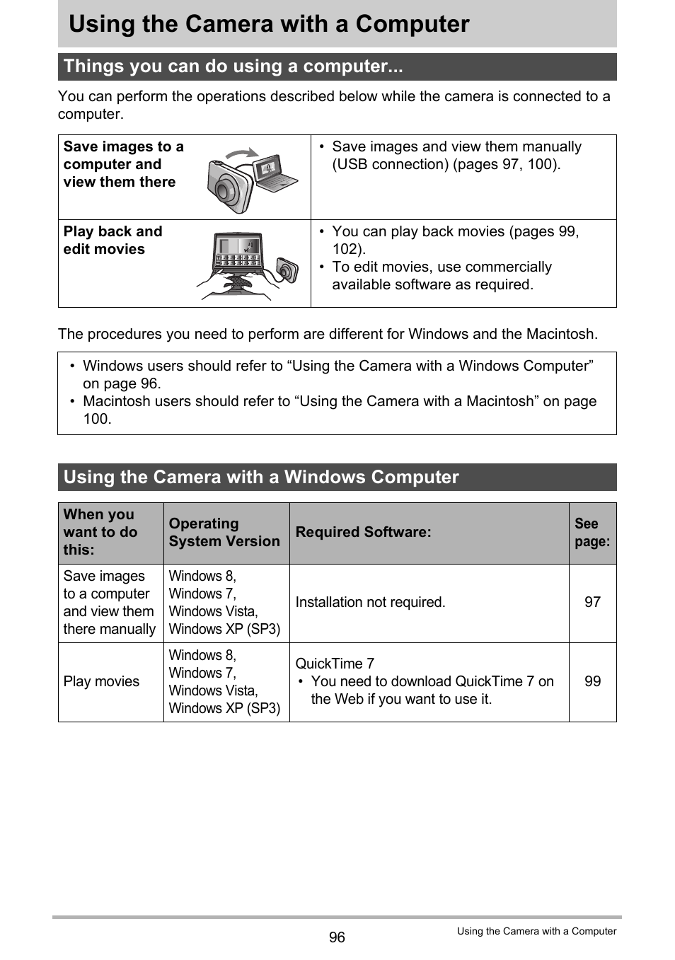 Using the camera with a computer, Things you can do using a computer, Using the camera with a windows computer | Casio EX-TR35 User Manual | Page 96 / 142