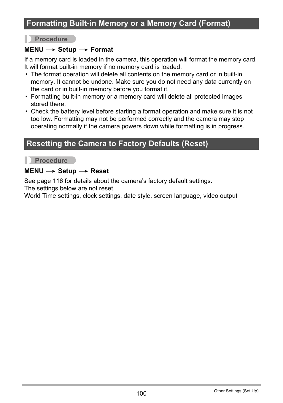 Resetting the camera to factory defaults (reset) | Casio EX-TR200 User Manual | Page 100 / 129