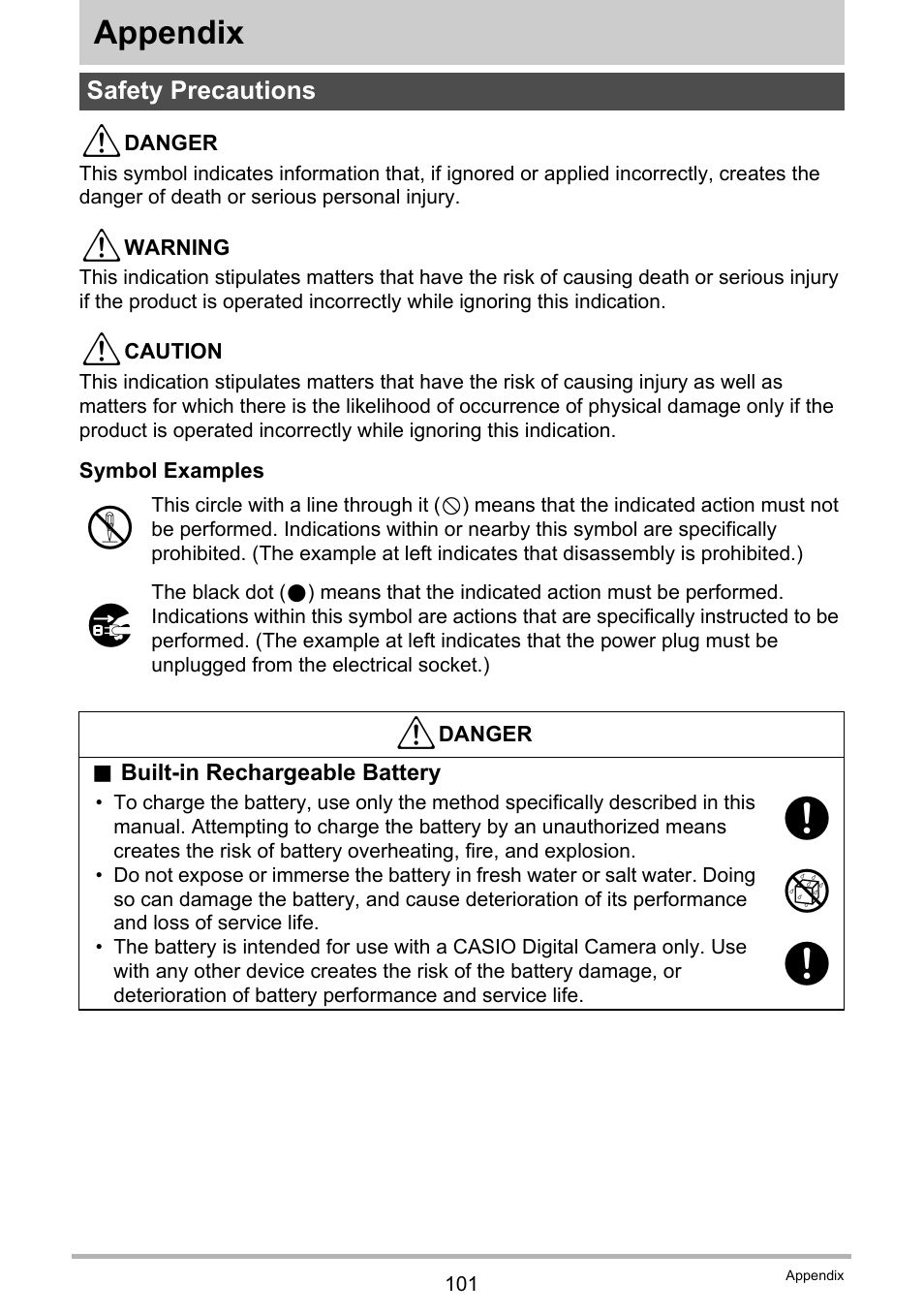 Appendix, Safety precautions | Casio EX-TR200 User Manual | Page 101 / 129