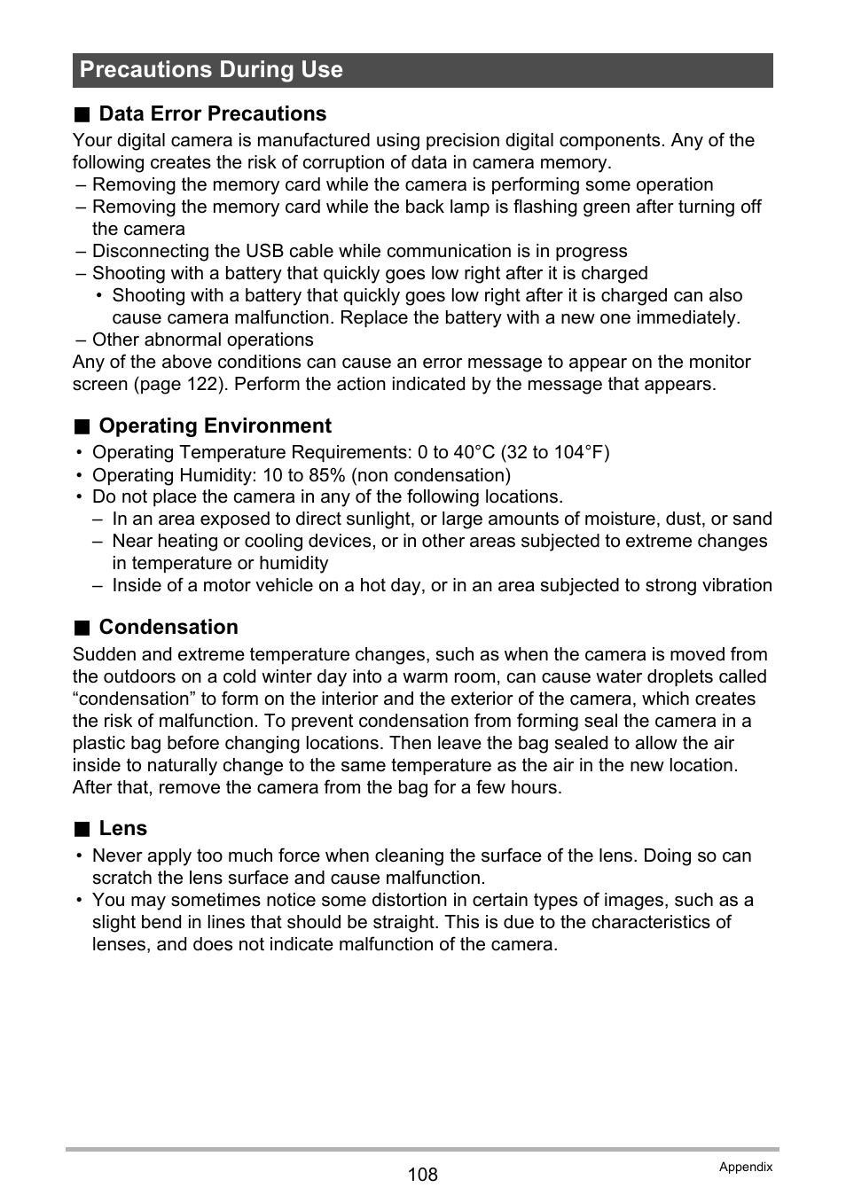 Precautions during use | Casio EX-TR200 User Manual | Page 108 / 129