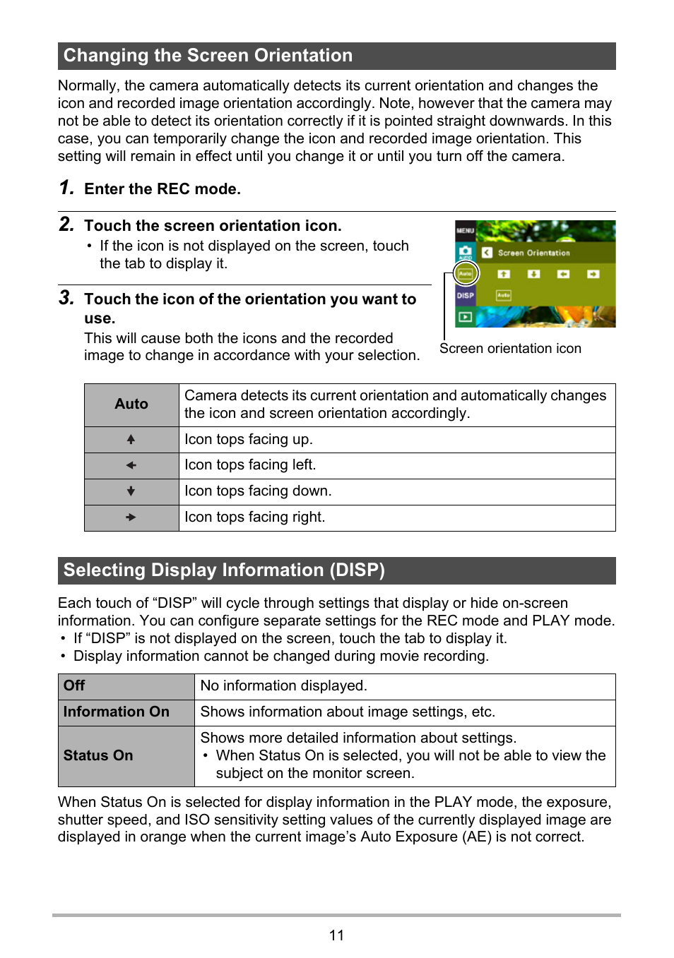 Changing the screen orientation, Selecting display information (disp), Age 11) | Casio EX-TR200 User Manual | Page 11 / 129