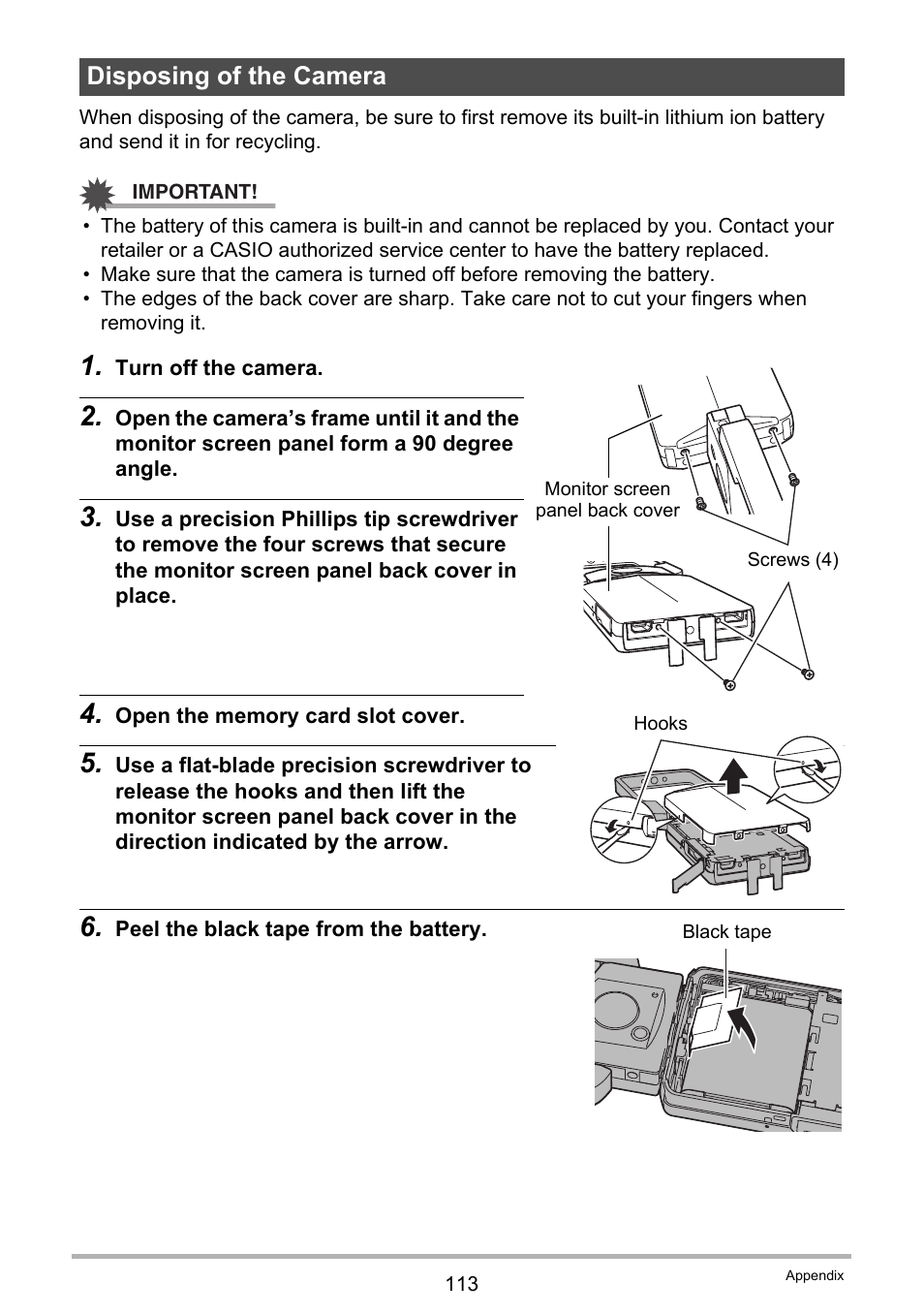 Disposing of the camera | Casio EX-TR200 User Manual | Page 113 / 129