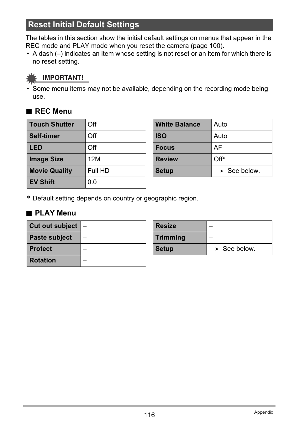 Reset initial default settings | Casio EX-TR200 User Manual | Page 116 / 129