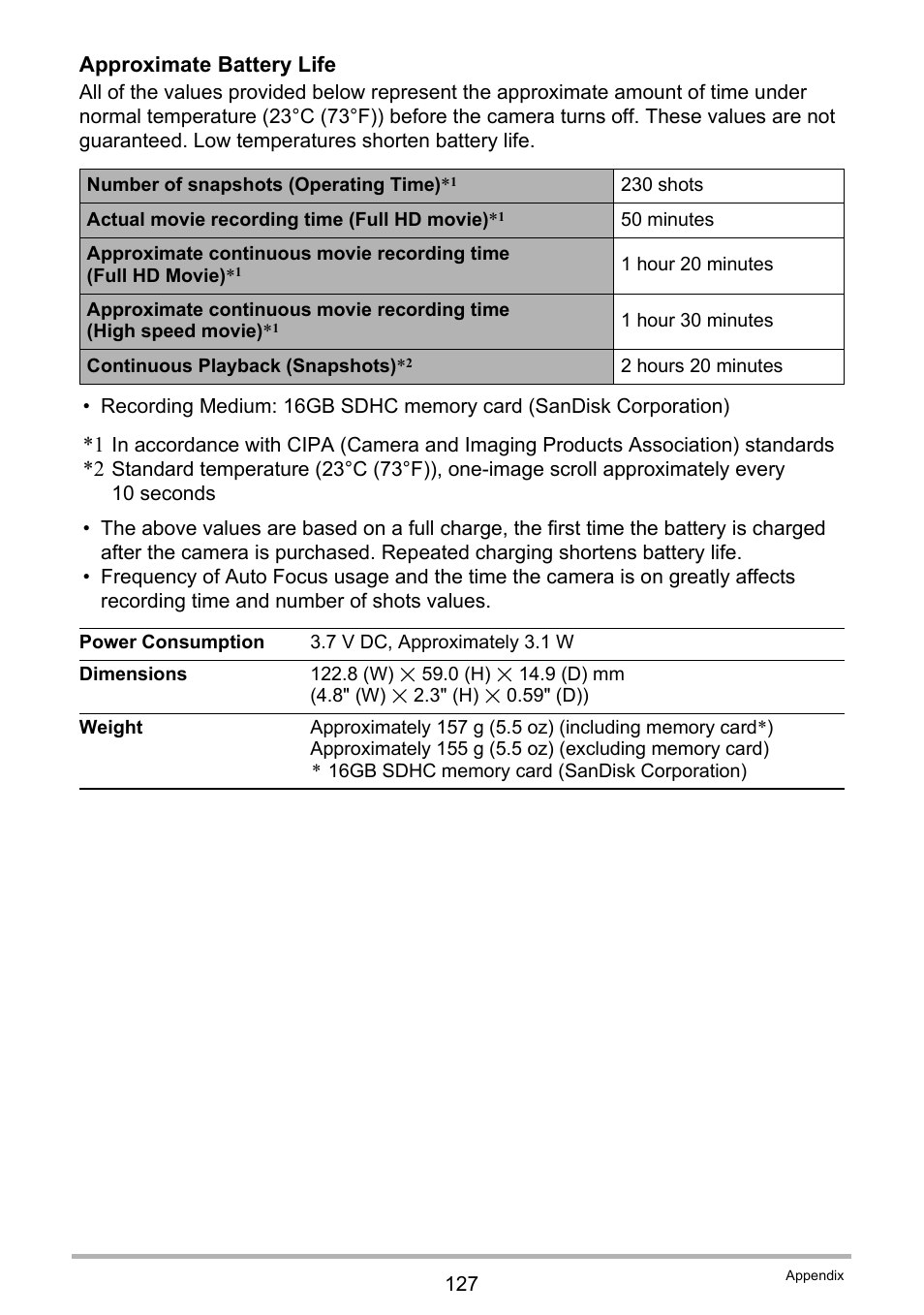 Approximate battery life | Casio EX-TR200 User Manual | Page 127 / 129