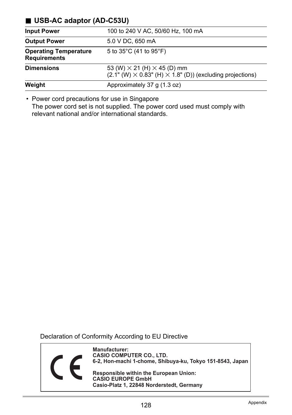 Usb-ac adaptor (ad-c53u) | Casio EX-TR200 User Manual | Page 128 / 129