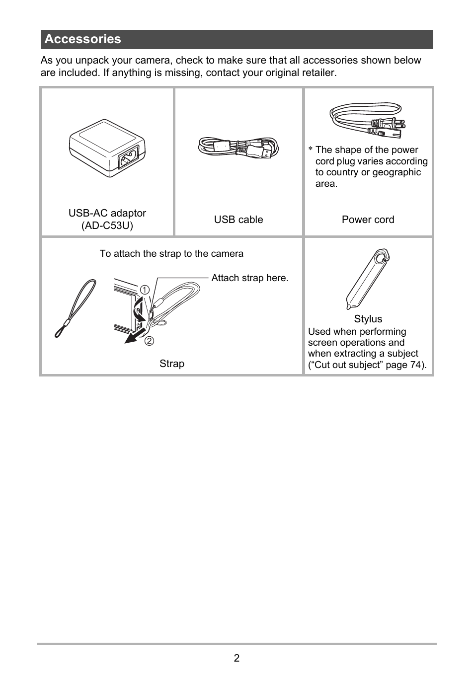 Accessories | Casio EX-TR200 User Manual | Page 2 / 129