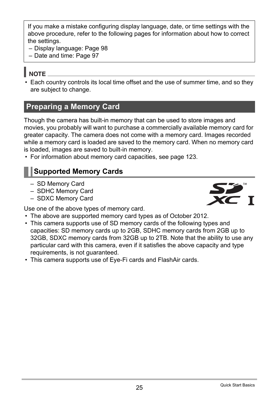 Preparing a memory card, Supported memory cards | Casio EX-TR200 User Manual | Page 25 / 129