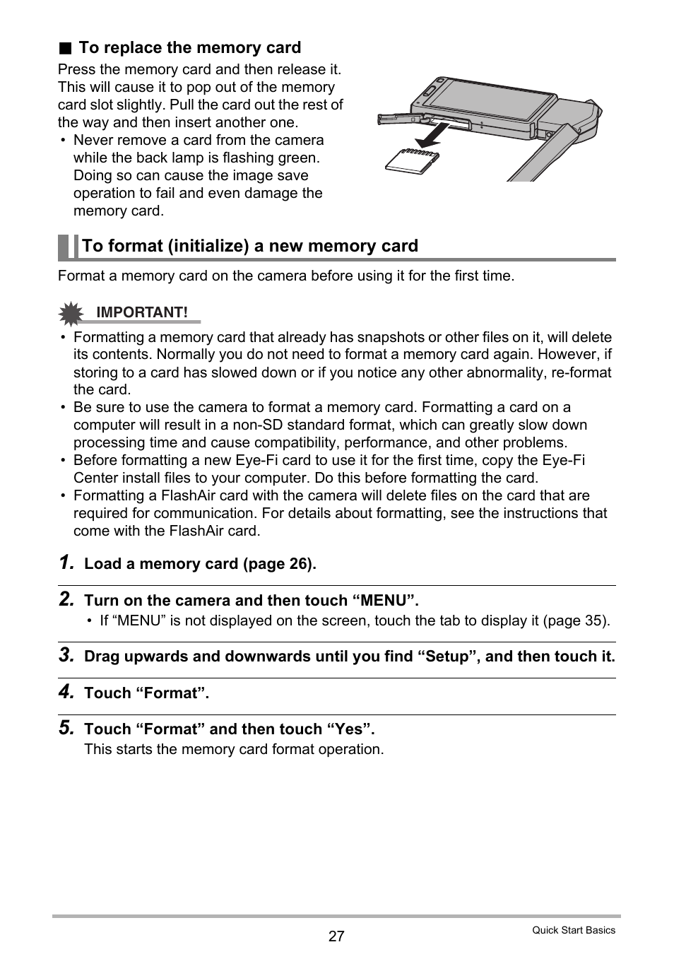 To format (initialize) a new memory card | Casio EX-TR200 User Manual | Page 27 / 129