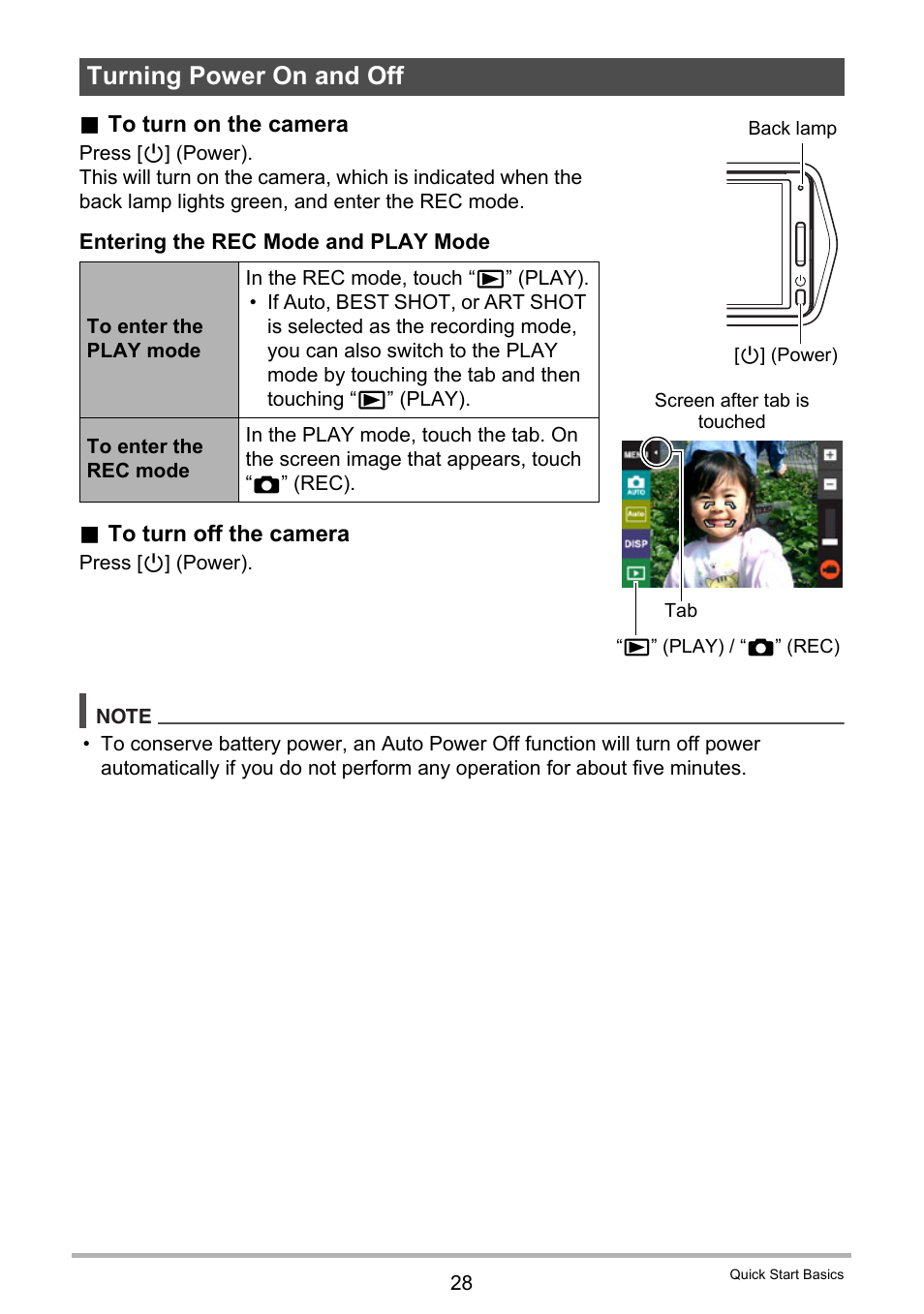 Turning power on and off | Casio EX-TR200 User Manual | Page 28 / 129