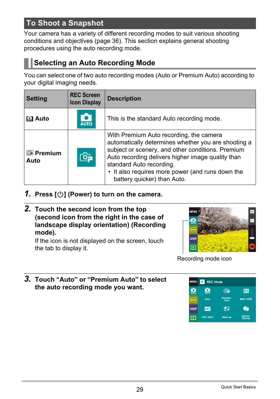 To shoot a snapshot, Selecting an auto recording mode | Casio EX-TR200 User Manual | Page 29 / 129