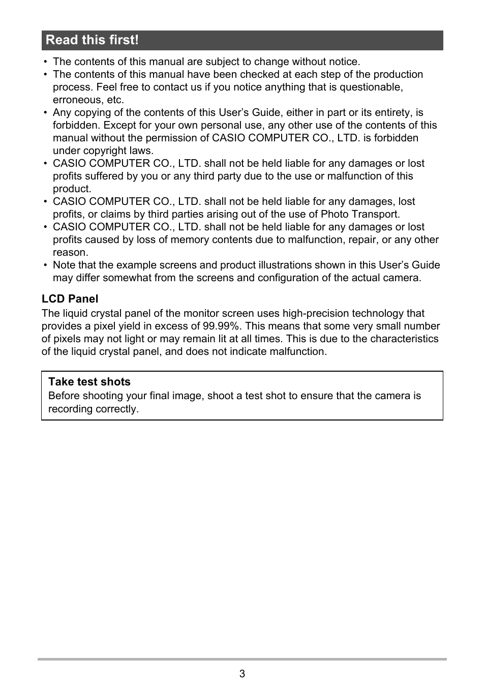 Read this first | Casio EX-TR200 User Manual | Page 3 / 129