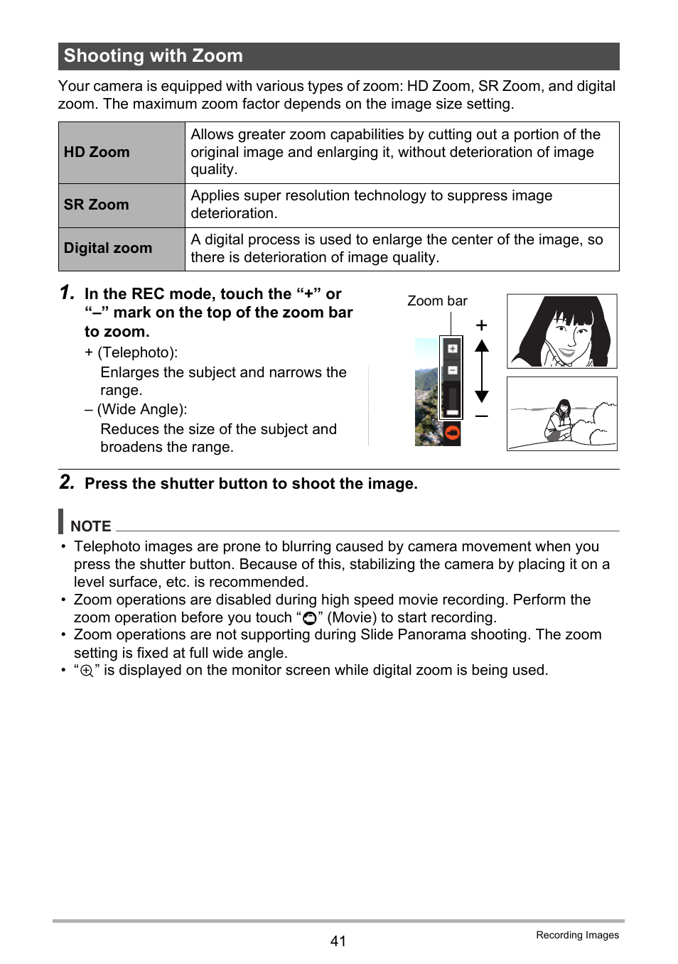 Shooting with zoom | Casio EX-TR200 User Manual | Page 41 / 129