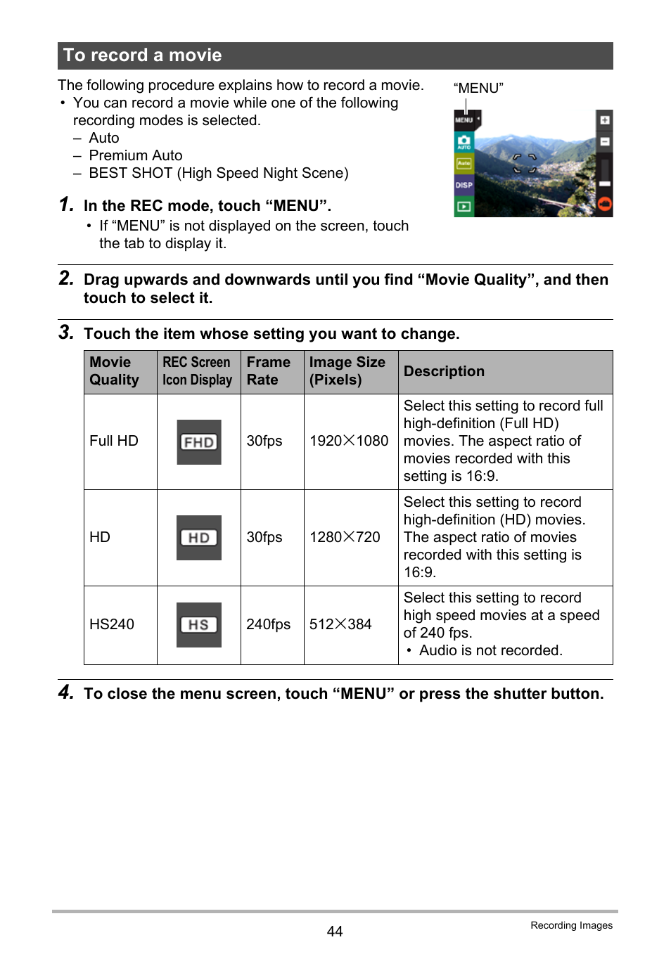 To record a movie | Casio EX-TR200 User Manual | Page 44 / 129